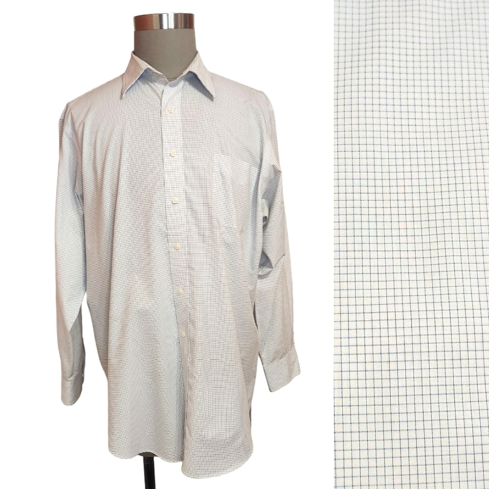 American Living Plaid Button Front Shirt White Blue 17.5